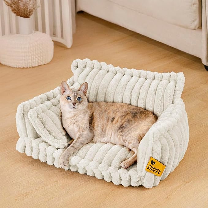FUNNY FUZZY Dog Bed Orthopedic & Fluffy Dog Couch Bed, Corduroy Fleece Pet Beds Washable, Supportive Foam Pet Sofa Bed with Removable Zipper Cover - Snoozy Dream, White, M