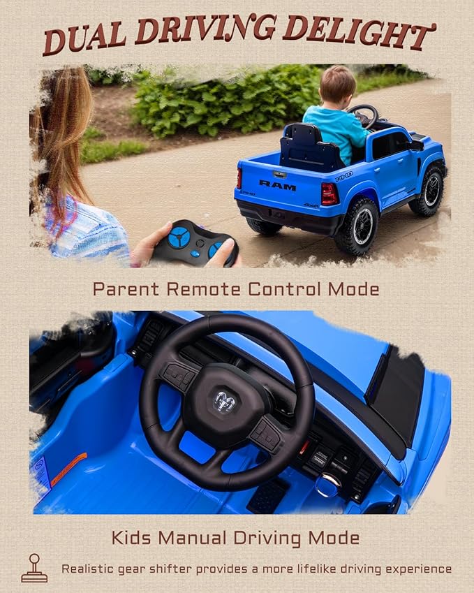 12V Kids Electric Vehicles, Licensed Ram 1500 RHO Kids Ride on Truck with Remote Control, Ride on Car for Children with Smooth Start, Truck Bed Storage, Bluetooth, Aux Port (Blue)