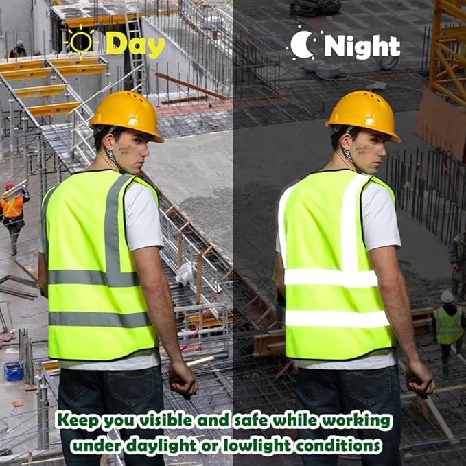 BeautyWill Safety Vest Custom Logo Class2 High Visibility Reflective Vest with 5 Pockets Construction Security Work Vest ANSI/ISEA Standards（Yellow，3XL ）