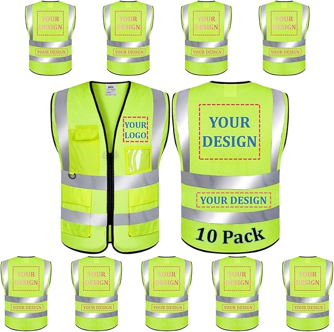 10 Pack Mesh Safety Vest Custom Logo High Visibility Reflective Vest with Pockets Security Work Vest（Yellow，XL）