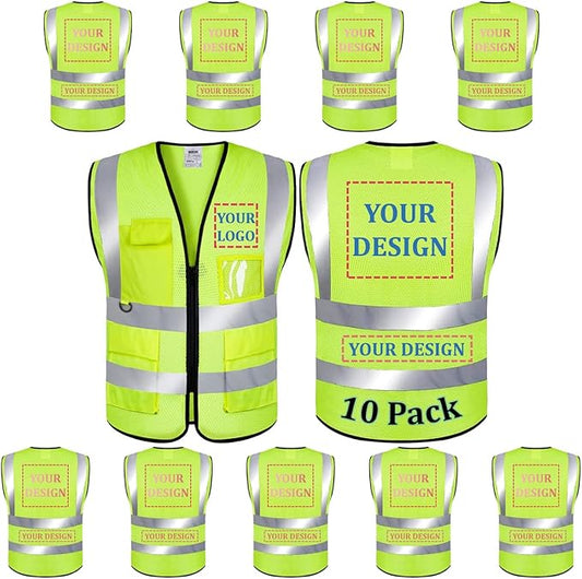 10 Pack Mesh Safety Vest Custom Logo High Visibility Reflective Vest with Pockets Security Work Vest（Yellow，XL）