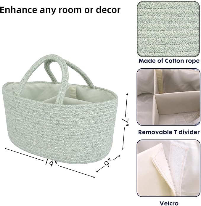 Diaper Caddy Organizer Cotton Rope Baby Basket Nursery Storage and Portable Tote Bag for Car Ideal Baby Shower Gifts and Registry Must-Have for Newborn Essentials light green