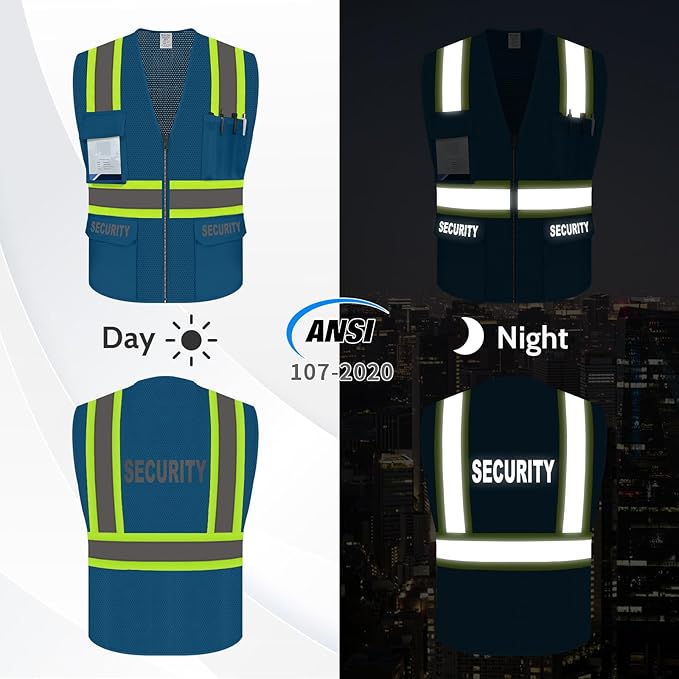 Security Vest for Men Women, High Visibility Vest with Pockets & Zipper, Neon Work Wear with Reflective Strips, ANSI Compliant, Blue, 2XL