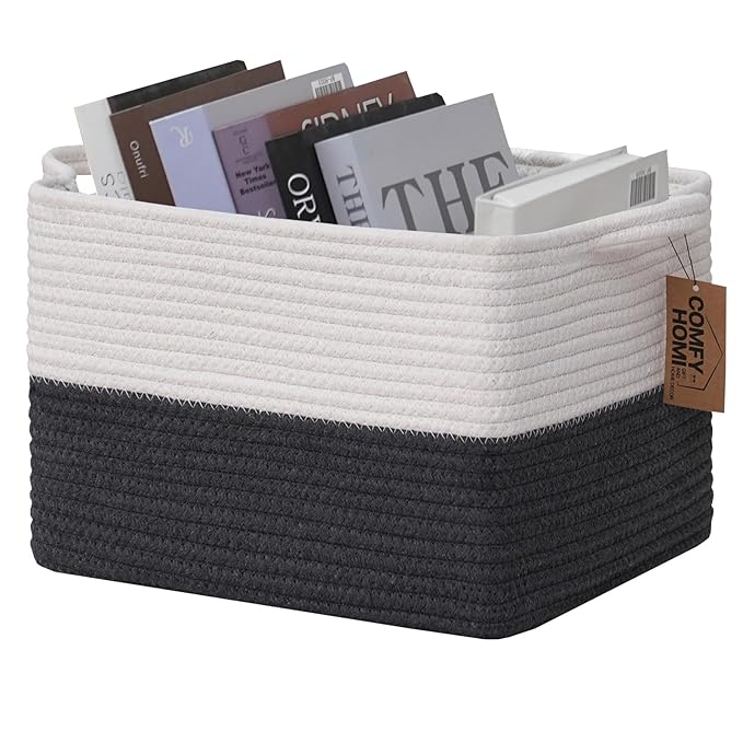 COMFY-HOMI Cotton Rope Woven Basket with Handles for Shelves,Toys,Book, Cloth Storage Baskets Bin for Organizing-13.5"x11"x9.5" Toy Decorative Organizer for Living Room, Bathroom-White/Dark Grey
