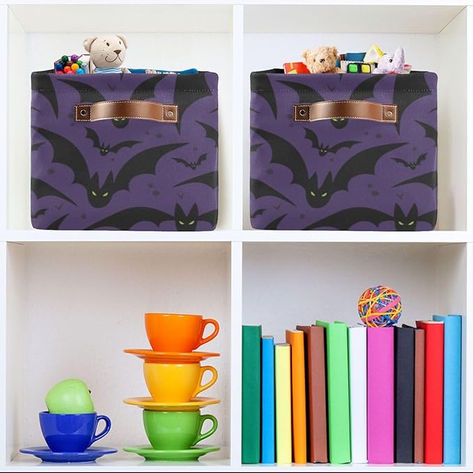 Storage Basket Bin Halloween with Bat Organizer Basket Collapsible Shelf Basket Cube with handle for Nursery Bedroom Bathroom