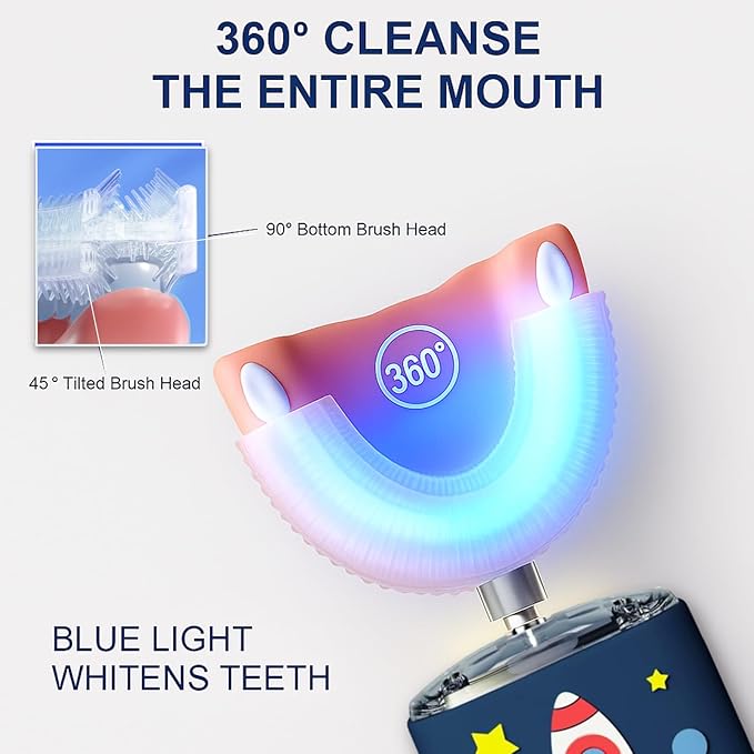 Kids U Shaped Electric Toothbrush Ultrasonic Automatic Brush with 5 Brush Head Rinse Cup 6 Clean Modes IPX7 Waterproof Whole Mouth Rechargeable Smart Timer Toothbrushes for Children Age 2-7