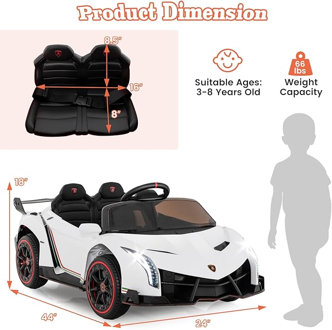 Costzon Ride on Car, Lamborghini Licensed 12V Battery Powered 4WD Sports Car with Remote Control, 3 Speeds, Hydraulic Doors, LED Lights, Towing Wheel, Horn, Music, Electric Vehicle for Kids Aged 3-8