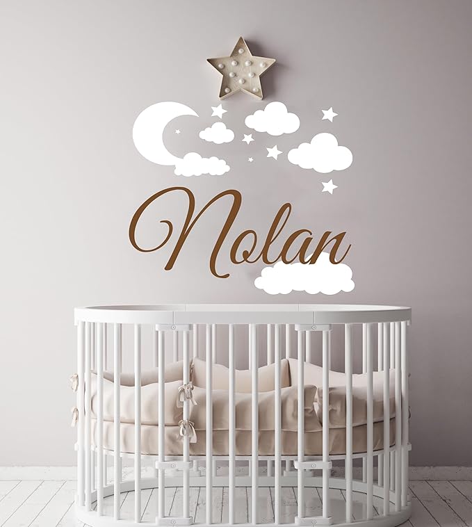 Custom Name with Moon Clouds and Stars Nursery Baby Name Wall Art Wall Decal for Nursery Bedroom playroom Decoration (Wide 40x40In Height), Wide 40Inx40In Height