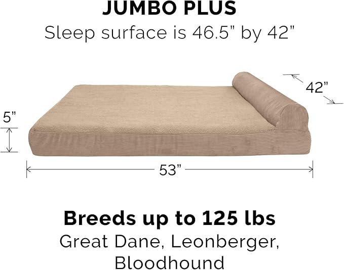 Furhaven Orthopedic Dog Bed for Large Dogs w/ Removable Bolster & Washable Cover, For Dogs Up to 125 lbs - Fleece & Corduroy Bolster Chaise - Sandstone, Jumbo Plus/XXL