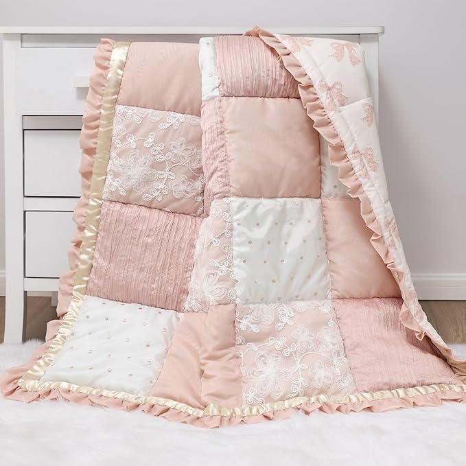 The Peanutshell 3 Piece Baby Crib Bedding Set for Girls - Cotton Fitted Crib Sheet, Layered Dust Ruffle, Comforter, Newborn, Infant & Toddler Vintage Nursery Bed Set Decor, Pink, Gold, Floral - Grace