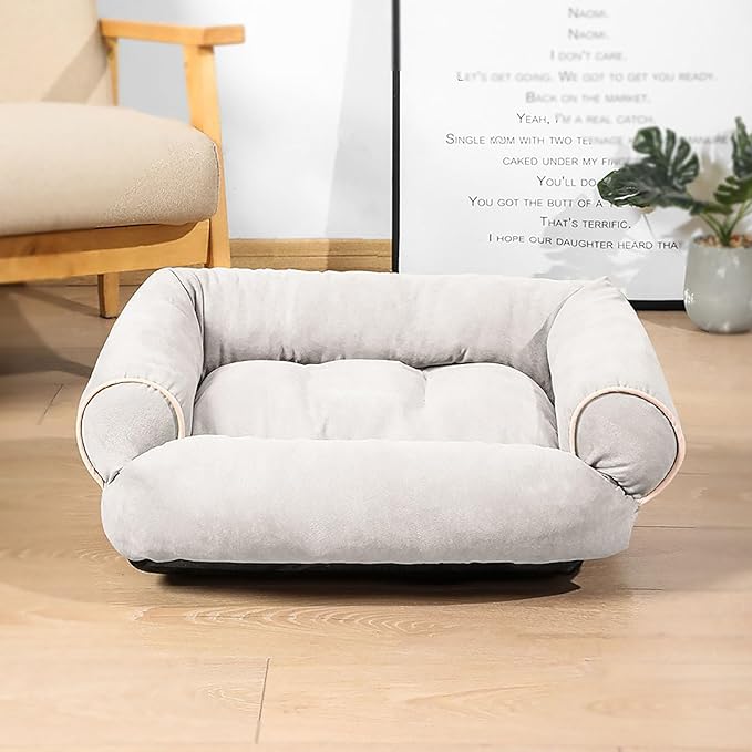 Suede Sofa Dog Bed, Multiple Sizes Orthopedic Memory Foam Mattress, Durable and Calming, Washable Dog Bed with Anti-Slip Bottom S lightGrey