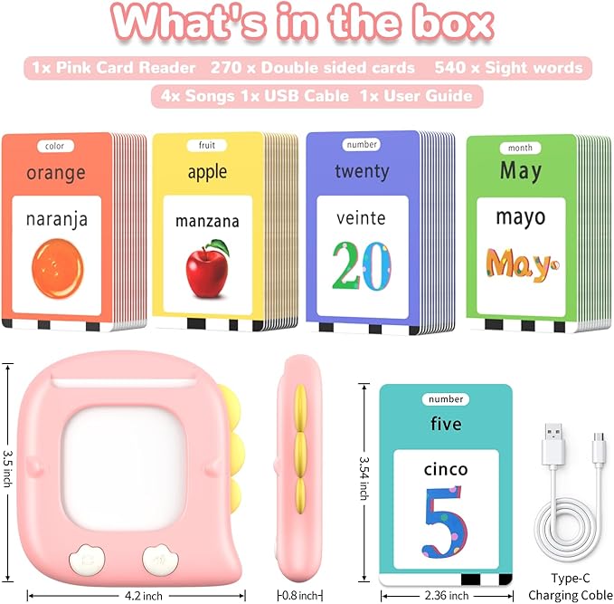 Kidzdo 520 Bilingual Spanish English Talking Flash Cards, Christmas Birthday Gifts for 2 3 4 5 6 Year Old Girls, Montessori Pocket Speech Therapy Toys, Portable Toddlers Toys for Ages 2-6 Kids, Pink