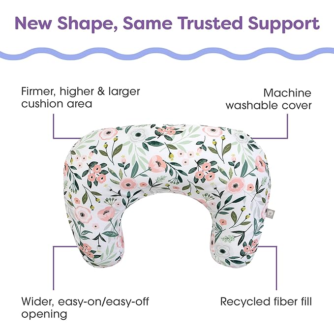 Boppy Nursing Pillow - Ergonomic Bottle & Breastfeeding Pillow with High, Firm, Large Area, Water-Repellent Cushion with Washable Cover; Baby Safety Alliance Verified - Pink Garden Flowers