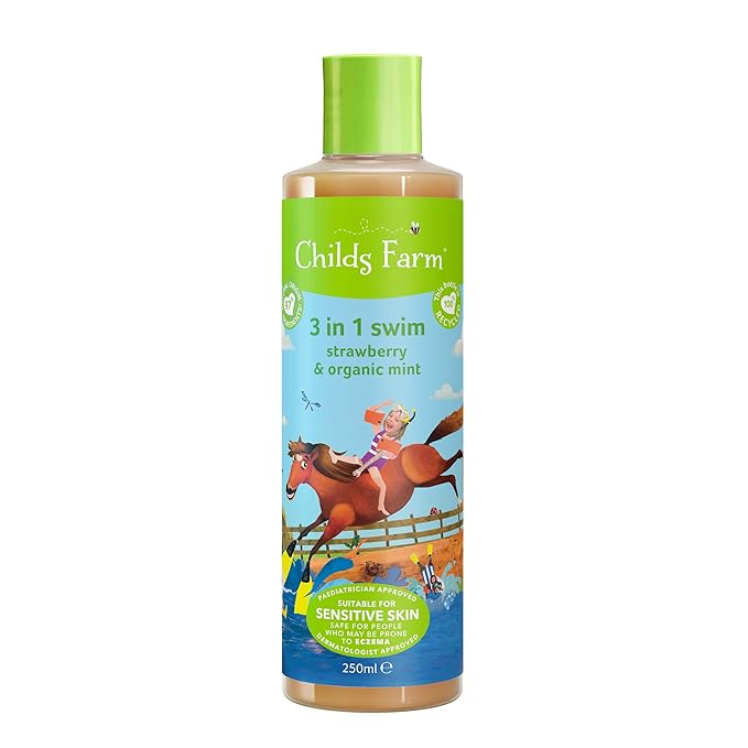 Childs Farm, Kids 3 in 1 Swim, Strawberry and Organic Mint, Body Wash, Shampoo and Conditioner, Suitable for Dry, Sensitive and Eczema-Prone Skin, 8.4 Fl Oz