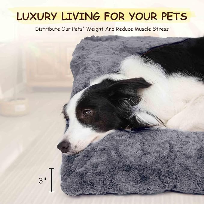 Washable Dog Bed for Small to Large Dogs, Calming Anti Anxiety Medium Dog Bed, Deluxe Plush Faux Fur Crate Beds, Comfy Fluffy Kennel Pad Pet Mat with Non-Slip Bottom, 41"x27", Dark Grey