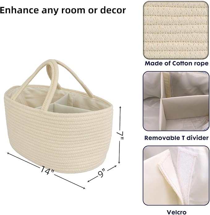 Diaper Caddy Organizer Cotton Rope Baby Basket Nursery Storage and Portable Tote Bag for Car Ideal Baby Shower Gifts and Registry Must-Have for Newborn Essentials beige