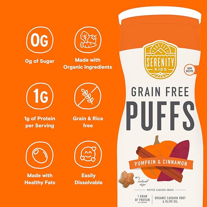 Serenity Kids 6+ Months Grain Free Puffs Toddler & Baby Snack | No Added Sugar, Gluten & Rice Free, Allergen Free | Made with Organic Cassava, Veggies, and Herbs | Pumpkin & Cinnamon | 1 Count