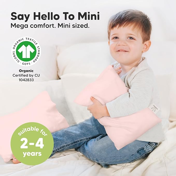 Mini Toddler Pillow with Pillowcase - 9x13 My Little Dreamy Travel Kids Pillow for Sleeping, Toddler Bed, Small, Tiny, Organic Cotton Pillowcase, Soft & Breathable, Kids 2-4 Years Old (Mist Pink)