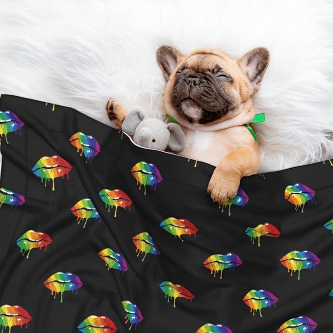 Reversible Pet Blanket for Easy Cleaning Maintenance, LGBT Gay Homosexual Lesbian Rainbow Lips Pride, Double Sided Plush Dot Design Means Double Use Between Washes for Convenience