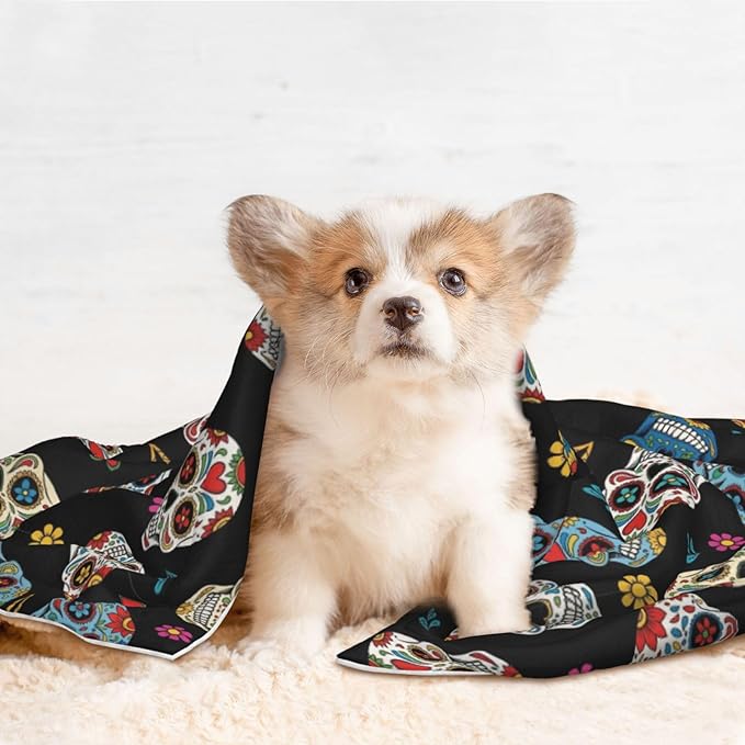Double Sided Pet Mat for Dog Bed Topper Cat Blanket Furniture Protector, Day of The Dead Sugar Skull, Reversible Plush with Tactile Dot Pattern for Style Change