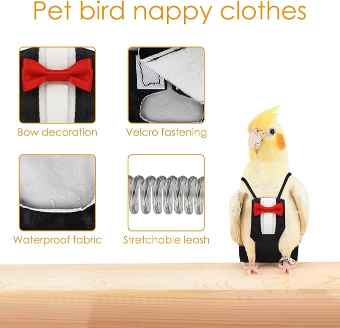 Bird Diaper Parrot Flight Suit Reusable Parrots Nappies, Bird Harness, for Budgerigars, Cockatiels and Other Small Birds (Red+Black, Two Flight Lines)