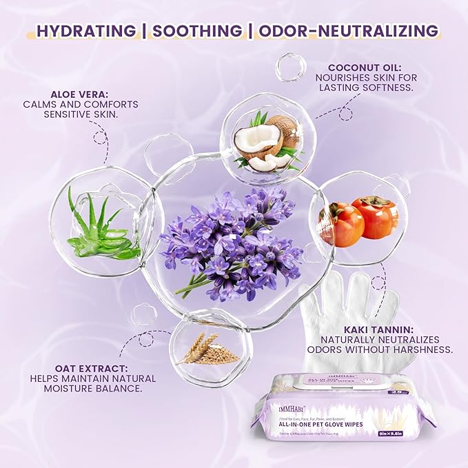 50 Pcs Cleaning Deodorizing Pet Glove Wipes for Dogs & Cats, Hypoallergenic Dog Bath Wipes with Natural Deodorizer Persimmon Tannin, Pet Bathing Wipes for Horse Coat Care Lavender Scent