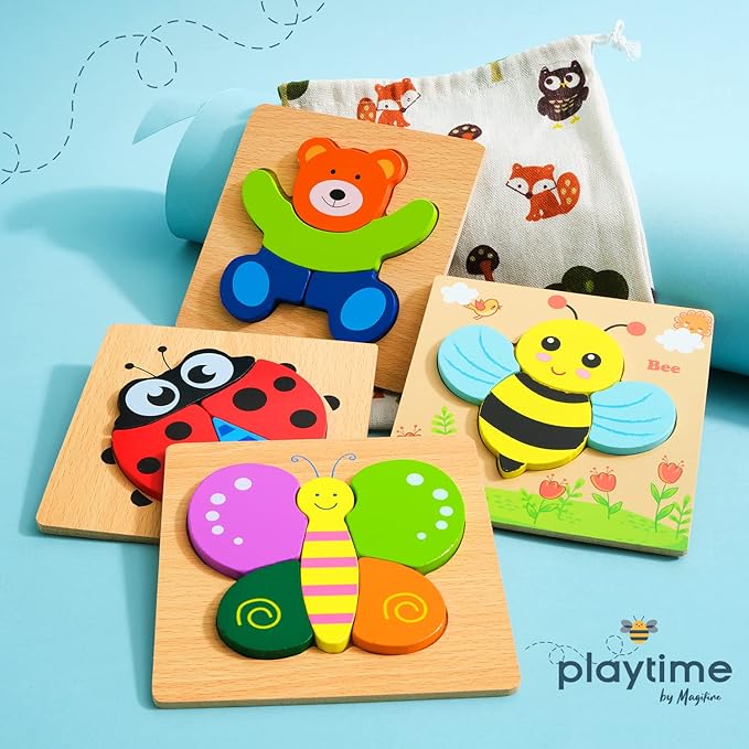 MAGIFIRE Toddler Wooden Puzzle Set - 4-Pack 5.7 x 5.7 Inch Multicolor Wood - Chunky Pieces for Small Hands & Portable Storage Bag - Toddler Puzzles Ages 3-5
