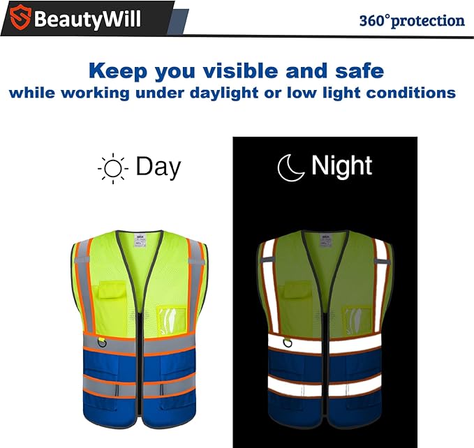Custom Mesh Safety Vest 5 Pack Customized Logo Class 2 High Visibility Reflective Vest with Pockets Construction workwear（Yellow Blue，L）