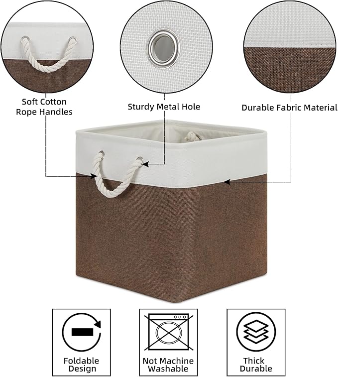 Bidtakay Collapsible Rustic Cube Storage - Brown Cloth Baskets with Handles, 13x13x13 Inch, Set of 3 Fabric Storage Bins