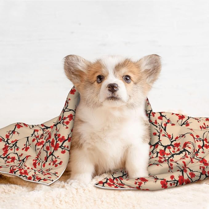 Double Sided Plush Pet Blanket with Cozy Dot Texture and Smooth Reverse, Blossom Japanese Cherry, Reversible Throw for Dogs Cats on Couches Beds Crates