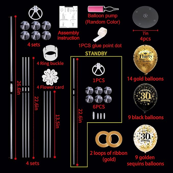 TONIFUL 4 Set Black Gold Balloon Stand Kit for Birthday Decorations for 30th,Balloon Centerpieces for Table Party Decorations Cheers to 30 Years Old Birthday for Men and Women