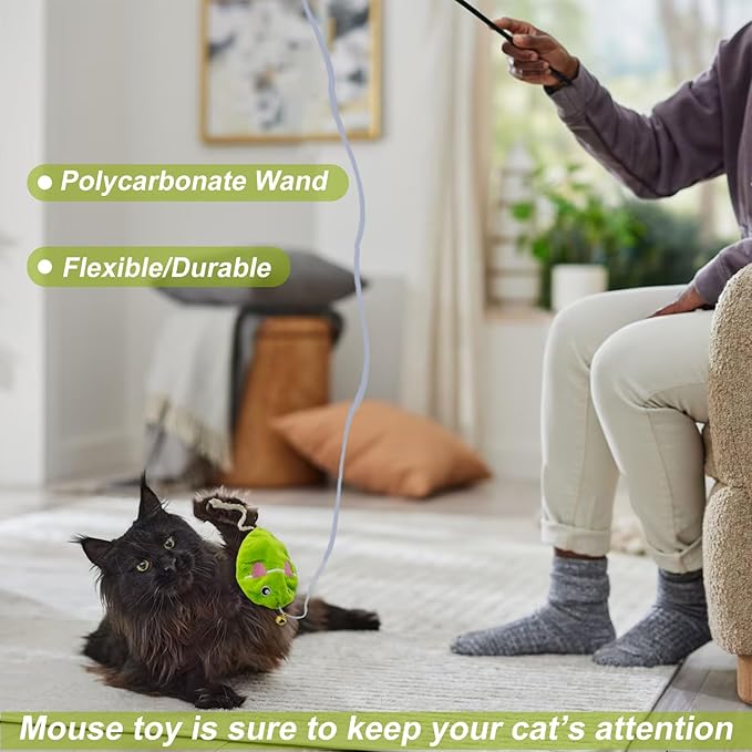 Interactive Cat Toy Wand with Catnip Mouse, Cat Teaser Wand Rainbow String for Bored Indoor Adult Cats and Kittens (2 Pack Mouse)