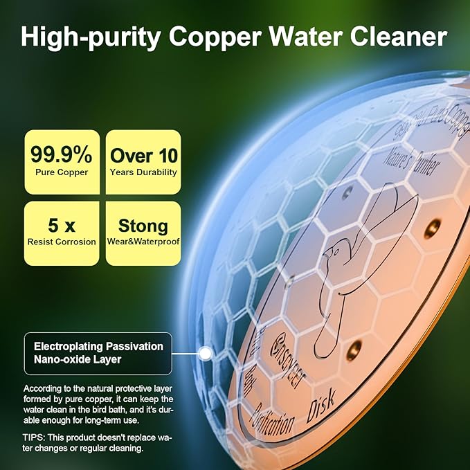 Upgraded Bird Bath Copper Disk, 0.8mm Reinforced 99.99% Pure Copper Cleaning Disk, 4-Point Support&Concave Base for Physical Safe Clean Water, Outdoor All-Season Fit Birdbaths&Bowls