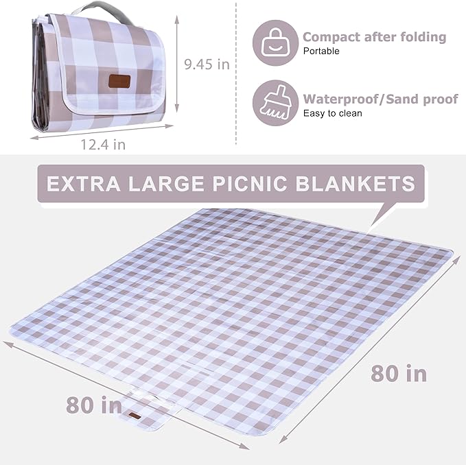 80"x80" Extra Large Waterproof Outdoor Mat - Sandproof Foldable Picnic Blanket for Family Camping, Backyard, Beach Parties - Heavy Duty & Easy Storage (Light Brown)