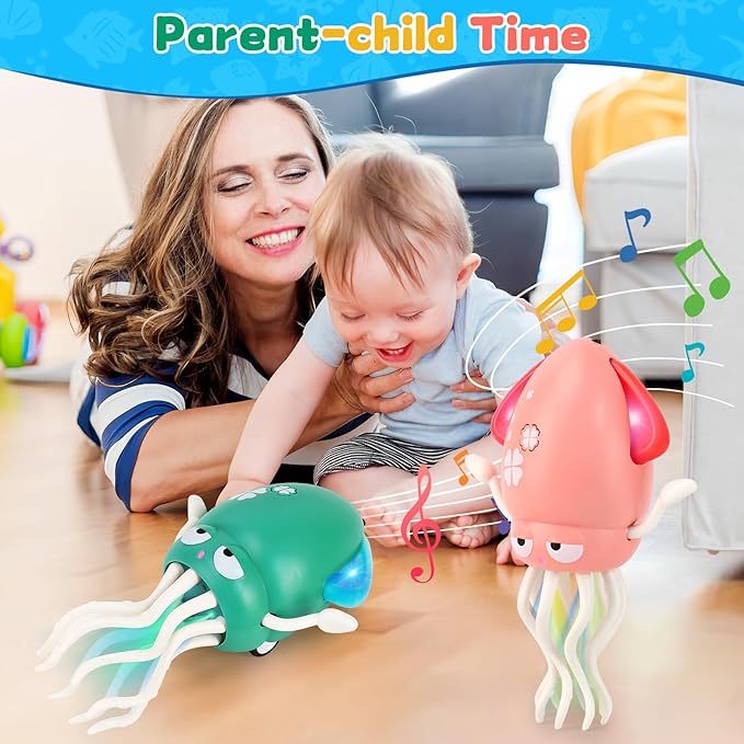 USB Rechargeable Dancing Octopus Baby Toy - Electric Crawling & Tummy Time Toy, Magical Musical Squid, Stress-Relief Desk Decor - Birthday for Kids Ages 1 2 3 4 5 6, Boys (Green)