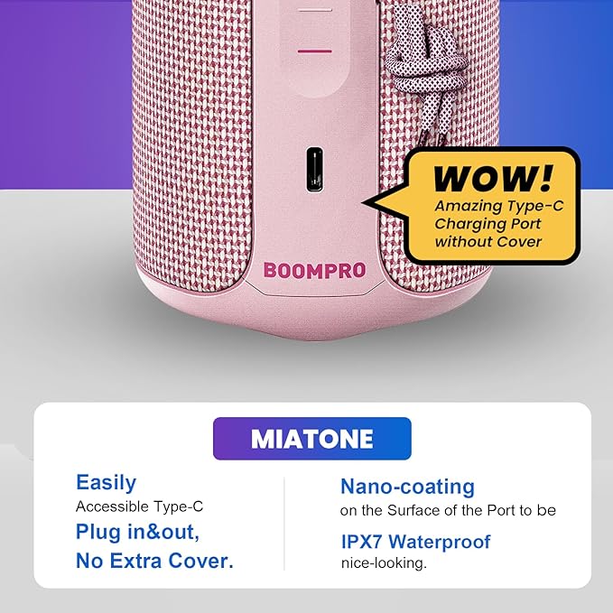 MIATONE Portable Bluetooth Speaker 36W Stereo Sound Bass Boost, 24H Playtime Bluetooth 5.3 TWS Pairing (Pink)