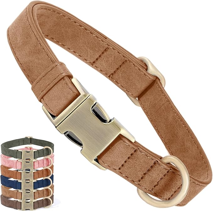 Genuine Leather Dog Collar - Adjustable Pet Collar with Quick Release Metal Buckle, Soft Skin Friendly Real Leather Collar for Small, Medium, Large Dogs (Brown, L：Fit 15-23" Neck)