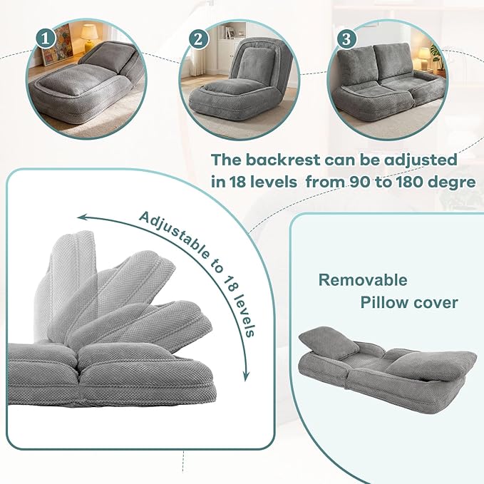 Human Dog Bed for Adults & Pets, 5-Position Adjustable Floor Chair, Convertible Lazy Sofa Bed with Metal Frame & 2 Pillows, Plush Gaming Lounge for Living Room Bedroom Office (Gray)