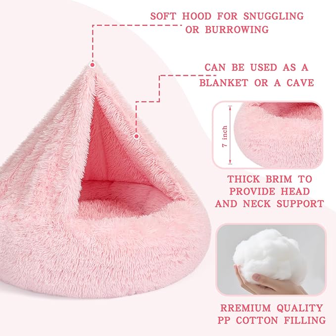 NOYAL Calming Dog Bed for Anxiety, Hooded Donut Cave with Blanket, Plush Fluffy Washable Pet Bed for Small Medium Dogs & Cats
