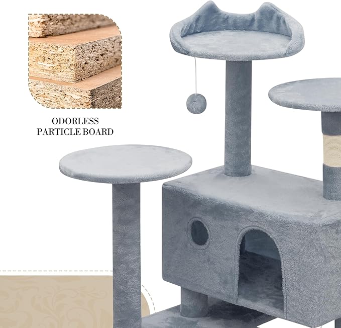 Athena Collection Cat Tree, 77 Inch Cat Tower for Indoor Cats, Multi-Level Cat Tree Tower Activity Center with 2 Cat Condo & Cat Scratching Post & Dangling Ball, Tall Cat Tree, Light Gray