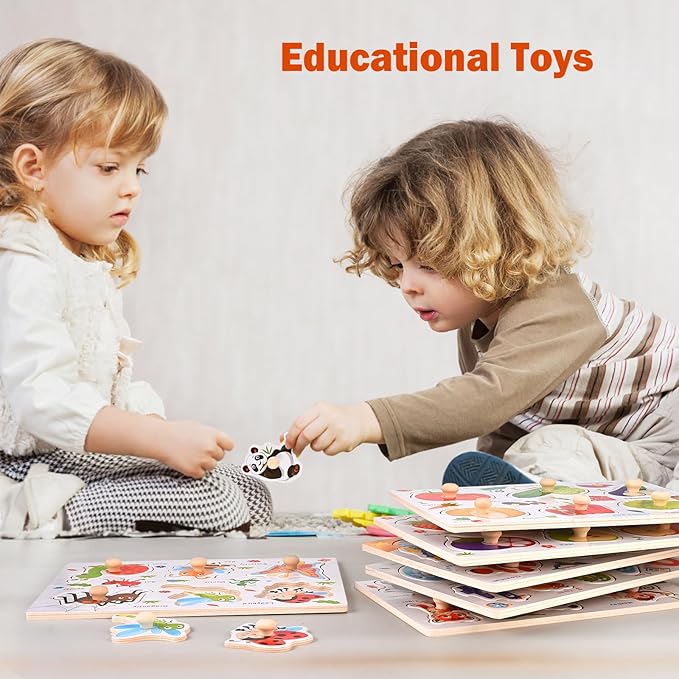 Wooden Peg Puzzles for Toddlers 1-3, 6 PCS Puzzles for Kids, Montessori Toddler Numbers, Vegetables, Fruits, Insects, Sea and Animals Puzzles, Great Preschool Gifts for Girls and Boys