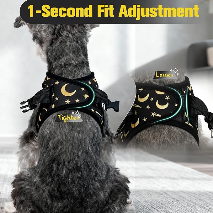 EXPAWLORER Small Dog Harness and Leash Set - Cute Puppy Harness Leash Dog Collar with AirTag Holder Silicone Case, Soft Padded Step in Pet Vest Reflective for Outdoor Walking, Star-Moon M