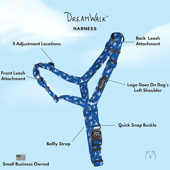 ShawnCo Dream Walk No-Pull Dog Harness- Adjustable, Comfortable, Easy to Use Pet Halter to Help Stop Pulling for Small, Medium and Large Dogs- Art Pattern Designs (White Sharks, L)