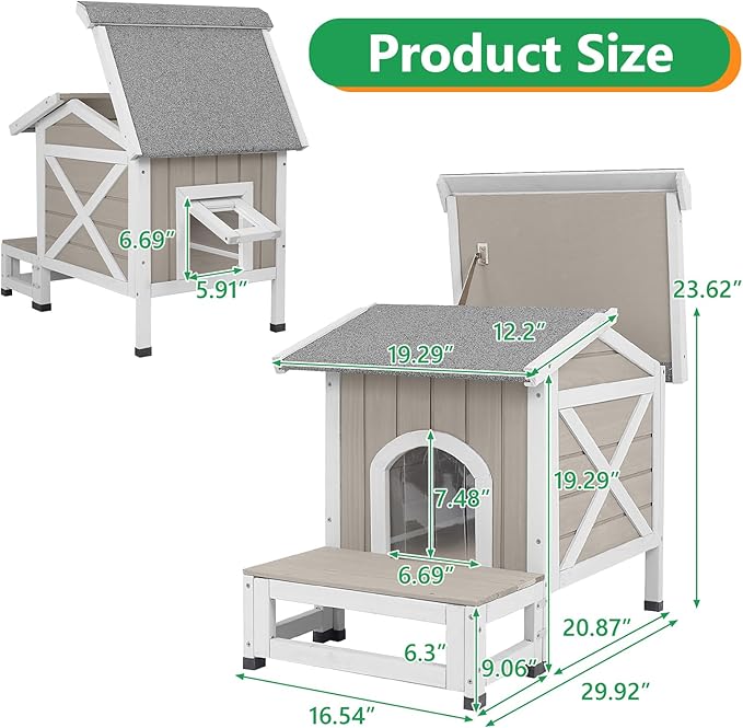 PetsCosset Outdoor Cat House Weatherproof with Balcony Feral Cat Shelter for Outside, Wooden Pet House with Openable Roof, Raised Base, Escape Door