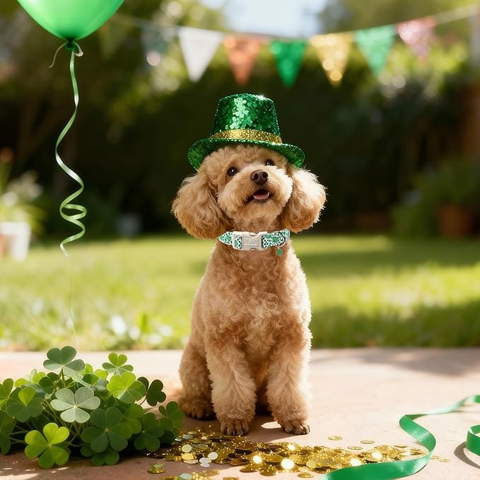 St Patricks Day Dog Collar for Medium Dogs - Leopard Lucky Clover Dog Collars, Lightweight Adjustable Irish Green Festival Shamrock Dogs Collars with Quick Release Buckle M