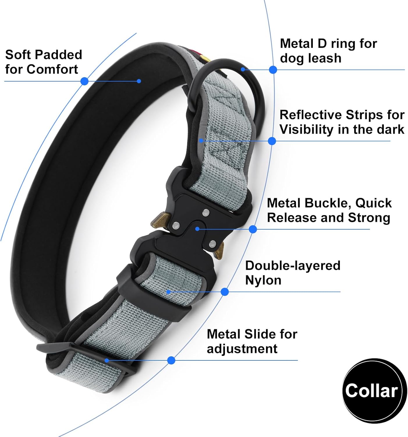 Plutus Pet Tactical Dog Collar, Reflective, Adjustable Heavy Duty Dog Collar, Soft Padded and Comfortable, for Small Medium and Large Dogs (Gray, L)
