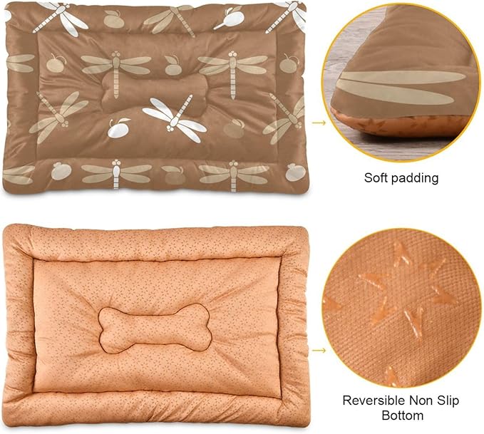 Emelivor Dragonflies Brown Dog Cat Bed Washable Crate Pet Bed Anti-Slip Comfortable Dog Kennel Crate Mat for Medium Large Small Dogs Cats, 24x18in