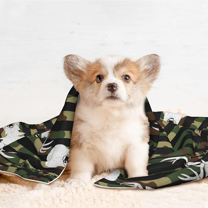 Reversible Pet Blanket for Easy Cleaning Maintenance, Cool Deer Camo Camouflage American Flag Hunting Black, Double Sided Plush Dot Design Means Double Use Between Washes for Convenience
