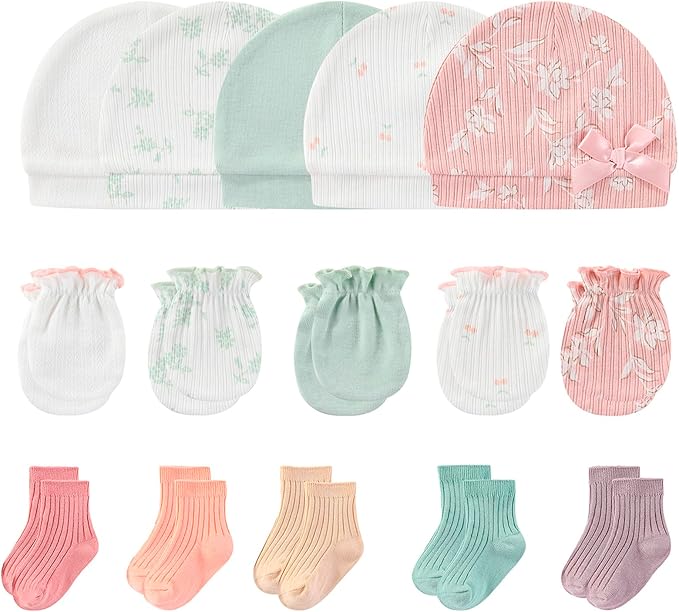 Newborn Baby Boy Girl Caps Mittens Socks Set Cotton Baby Essentials Accessories (Hats+Gloves+Socks)