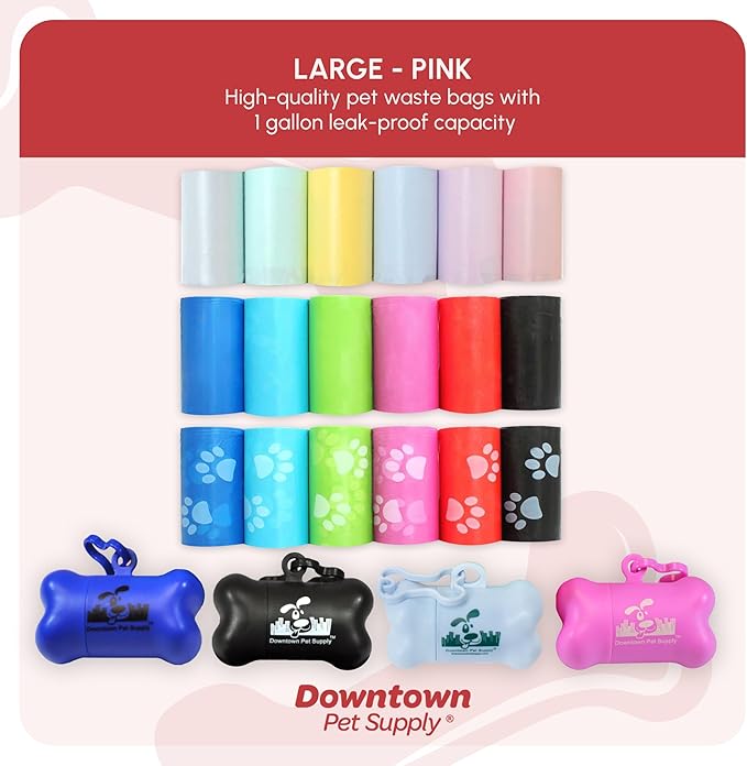 Downtown Pet Supply Poop Bags for Dogs with Dispenser, 180 Count - Leak-Proof Dog Waste Bags and Bone-Shaped Dog Poop Bags Holder for Leash - Pink, 12.5" x 8.5"